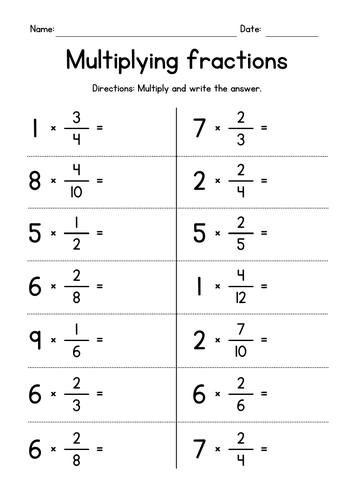Worksheet for practicing multiplication of fractions and whole numbers
