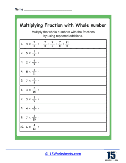 Fourth grade math worksheet for multiplying fractions by whole numbers
