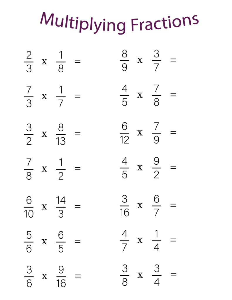 Worksheet for practicing the multiplication of fractions and whole numbers for fourth graders