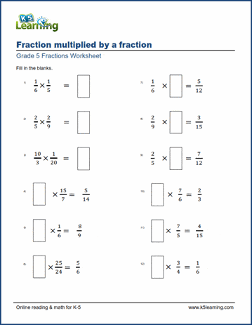 Worksheet featuring exercises on multiplying fractions by fractions for fifth graders