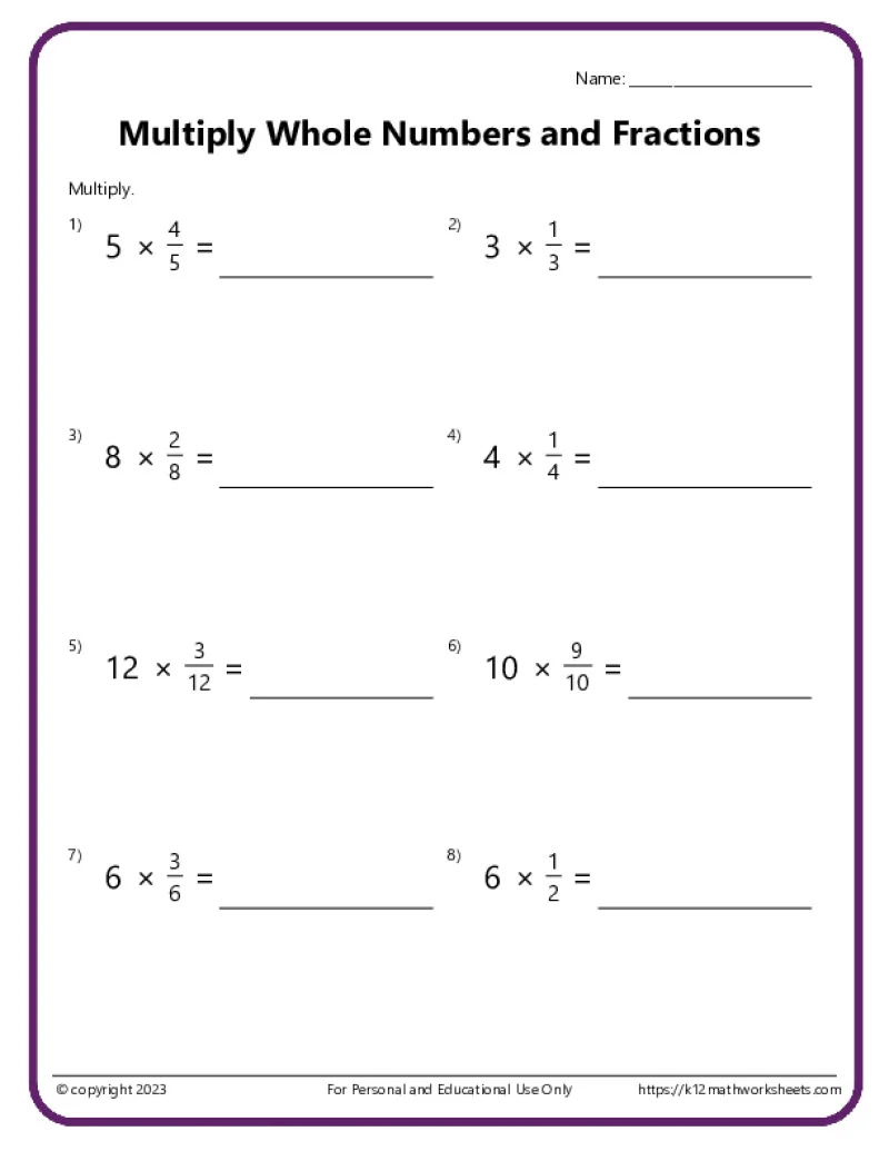 A fifth-grade worksheet designed for practicing multiplication of fractions by fractions