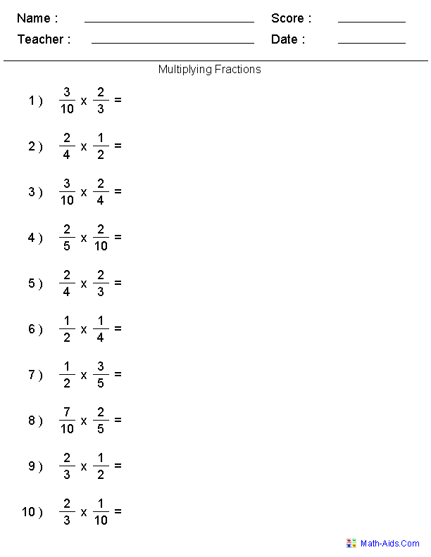 Fifth grade student completing a math worksheet on multiplying fractions by fractions
