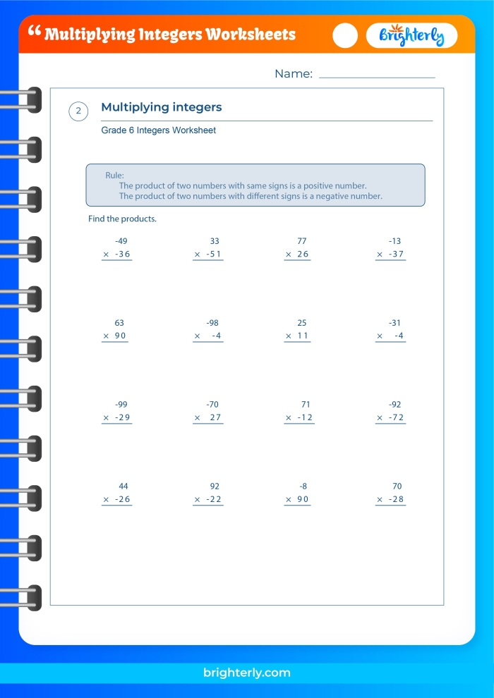 Multiplying Integers Practice Problems for Grade 7 Math Seventh grade student solving multiplying integers problems with positive and negative numbers on a practice worksheet