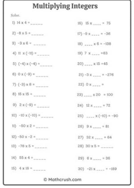 Multiplying Integers Practice Problems for Grade 7 Math Seventh grade math worksheet showing multiplication problems with positive and negative integers for number sense practice