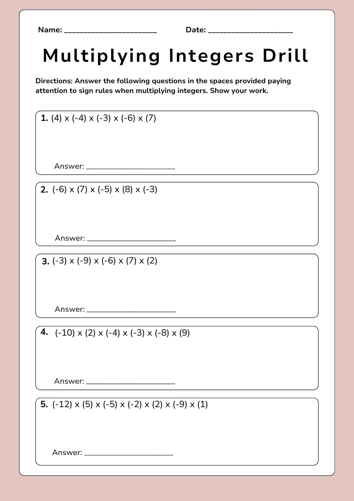 Multiplying Integers Practice Problems for Middle School Students Seventh grade math worksheet showing multiplication problems with positive and negative integers for number sense practice