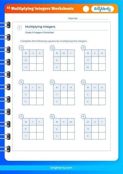Multiplying Integers Practice Problems for Grade 7 Math Seventh grade math worksheet showing multiplication problems with positive and negative integers for number sense practice