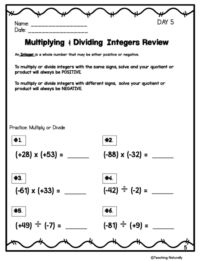 Multiplying Integers Worksheet for Seventh Grade Students 23 Seventh grade math worksheet featuring practice problems for multiplying positive and negative integers