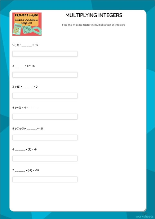 Multiplying Integers Worksheet for Seventh Grade Number Sense Lesson 16 Seventh grade students practicing multiplication problems with positive and negative integers worksheet 16