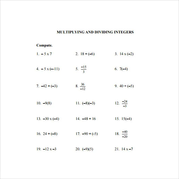 Multiplying Integers Worksheet for Seventh Grade Students Number 7 Seventh grade math worksheet featuring practice problems for multiplying positive and negative integers