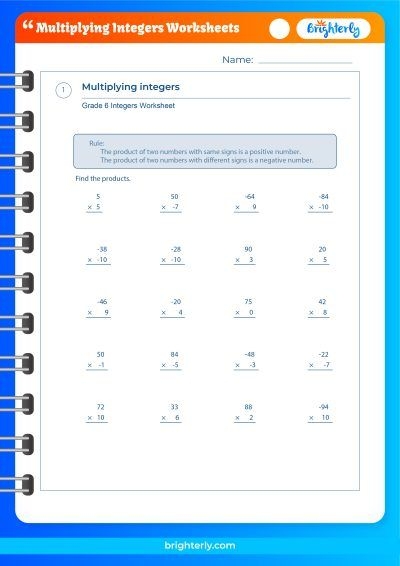 Multiplying Integers Practice Worksheet for Seventh Grade Number Sense 14 Seventh grade math worksheet focusing on multiplying positive and negative integers