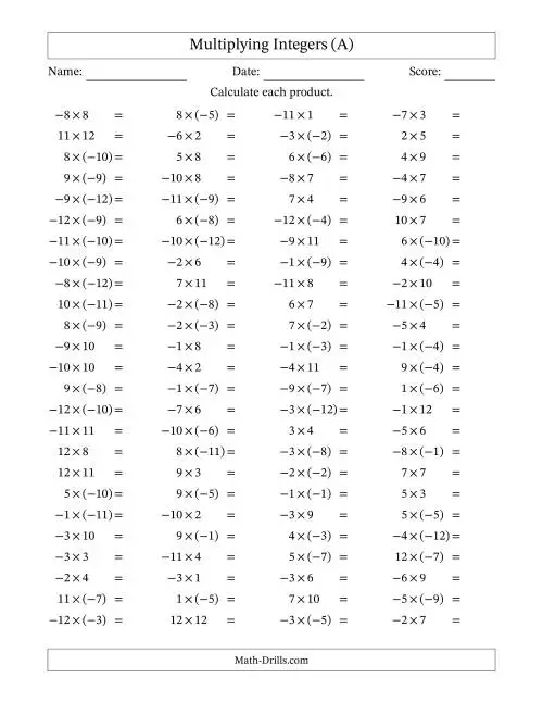 Multiplying Integers Practice Problems for Grade 7 Math Seventh grade math worksheet showing multiplication problems with positive and negative integers for number sense practice