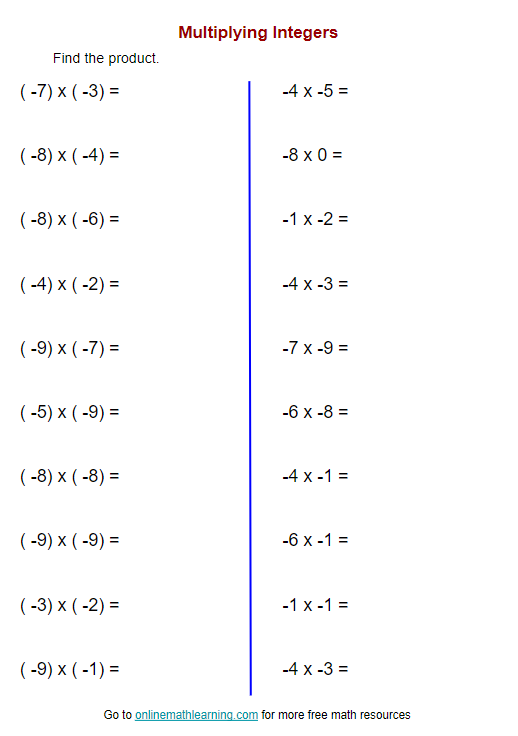 Multiplying Integers Practice Problems for Middle School Math Seventh grade student solving multiplication problems with positive and negative integers on a practice worksheet