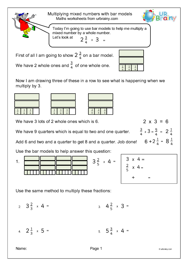 Fifth grade math worksheet showing problems for multiplying mixed numbers by proper fractions with visual examples