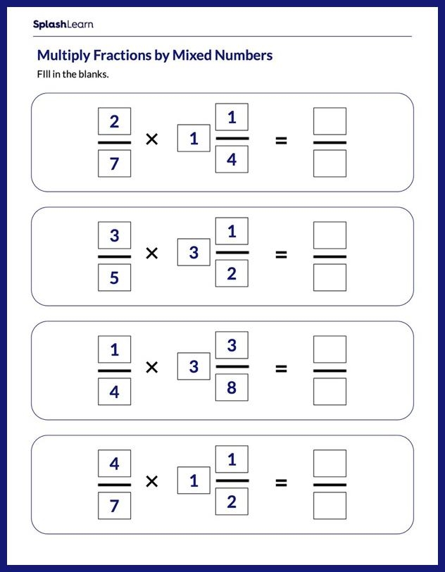 Fifth grade math worksheet showing problems for multiplying mixed numbers by proper fractions with step-by-step solutions