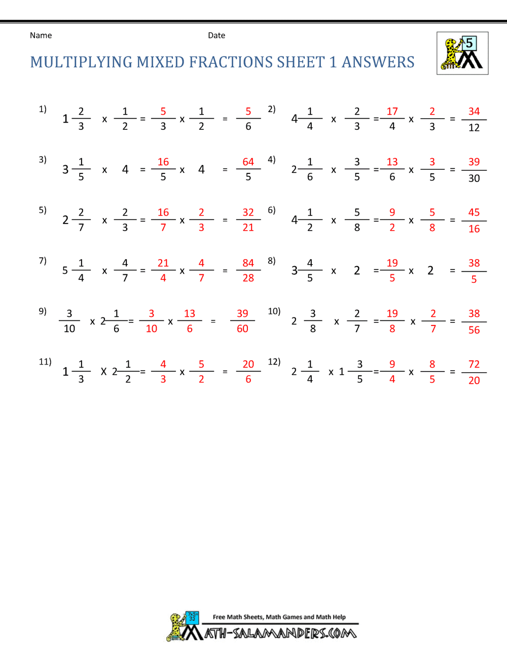Fifth grade math worksheet featuring multiplication problems for mixed numbers and fractions with an Earth and Space Science theme