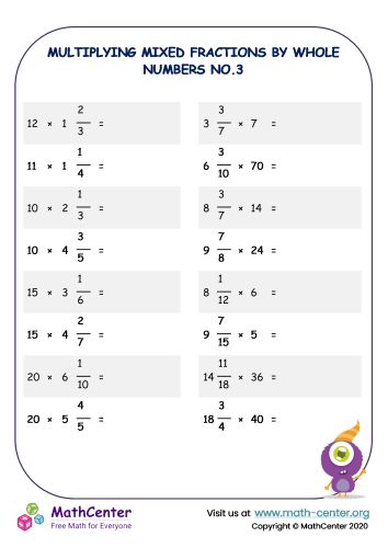 Fifth grade math worksheet showing problems for multiplying mixed numbers by whole numbers