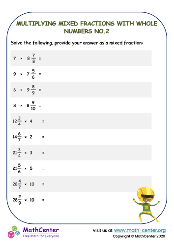 Fifth grade math worksheet showing problems for multiplying mixed numbers by whole numbers with step-by-step examples