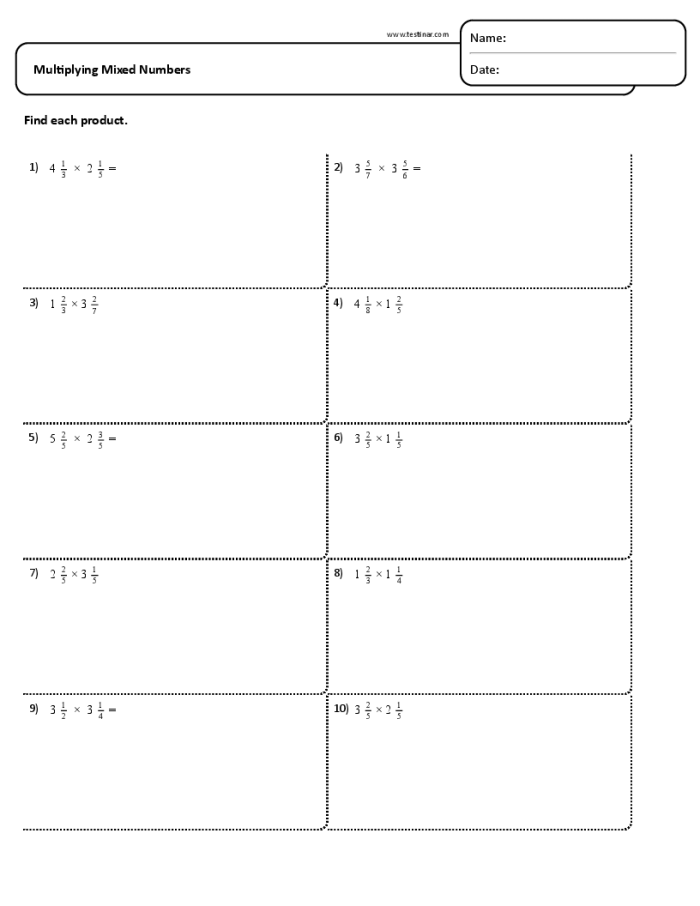 Fifth grade math worksheet showing problems for multiplying mixed numbers by whole numbers with step-by-step examples and practice exercises