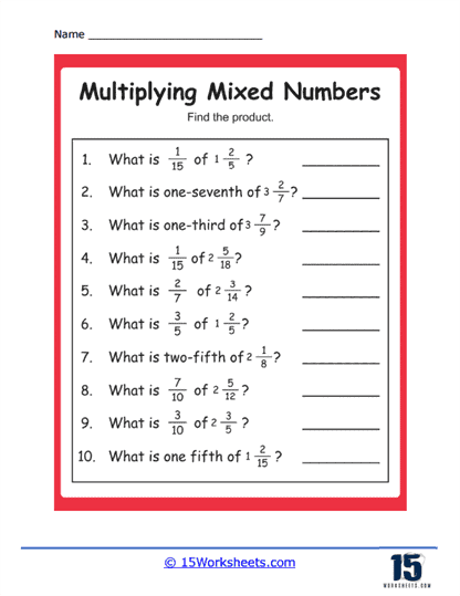 Fifth grade math worksheet showing problems for multiplying mixed numbers together with step-by-step examples