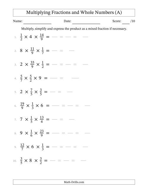 Fifth grade math worksheet showing a student practicing multiplying mixed numbers by whole numbers