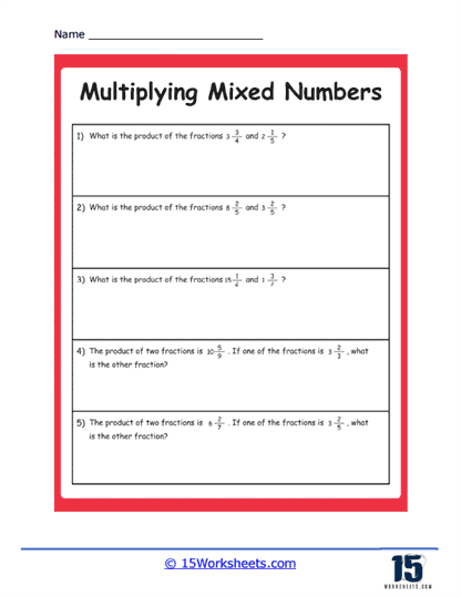 Fifth grade student worksheet for practicing the multiplication of mixed numbers