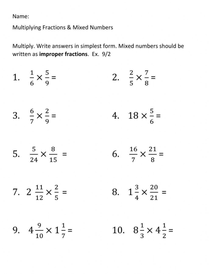 Fifth grade math worksheet showing problems for multiplying mixed numbers by whole numbers with step-by-step examples