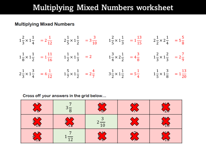 Fifth grade math worksheet showing step-by-step examples of multiplying mixed numbers together with practice problems