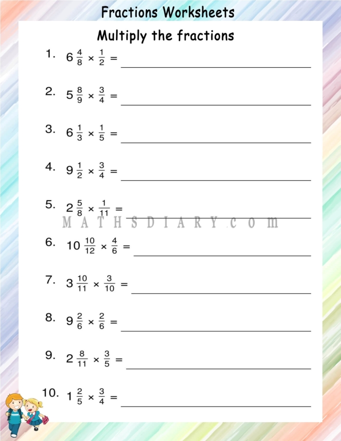 Fifth grade math worksheet showing problems for multiplying mixed numbers by proper fractions with step-by-step solutions