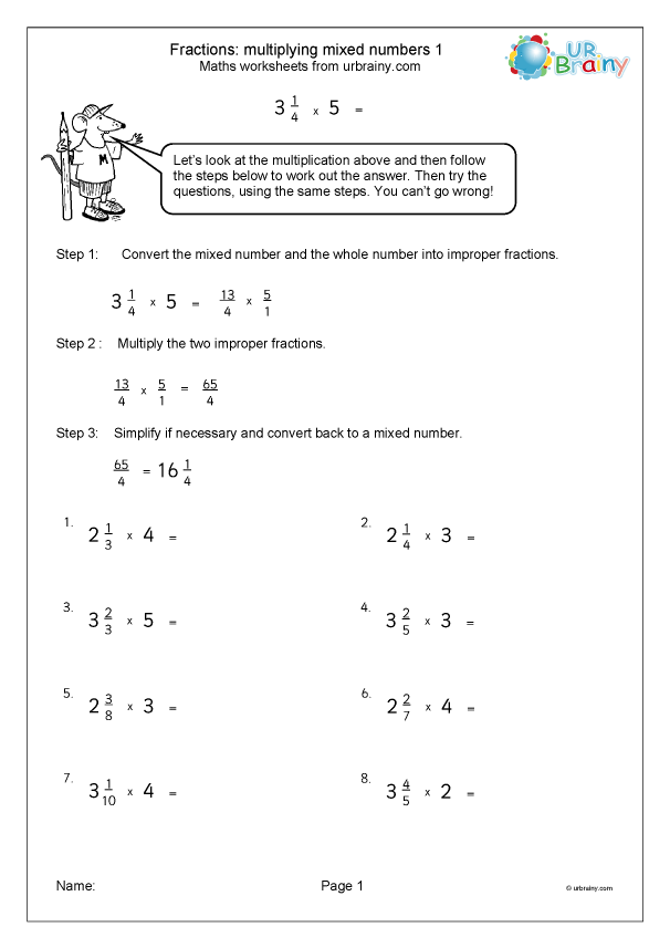 Fifth grade math worksheet showing problems for multiplying mixed numbers by proper fractions with visual examples and practice exercises