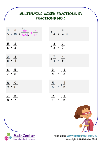 Fifth grade math worksheet showing problems for multiplying mixed numbers by proper fractions with step-by-step solutions