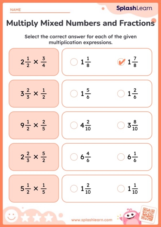 Fifth grade student using a worksheet to practice multiplying mixed numbers by fractions in an Earth and Space Science context