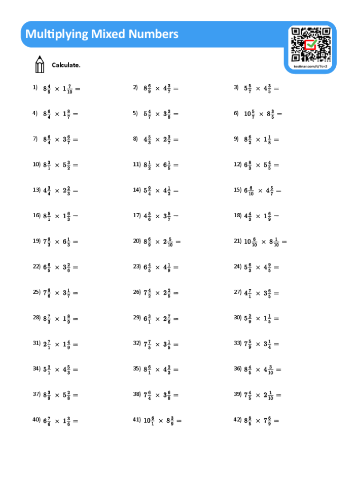 Fifth grade math worksheet showing practice problems for multiplying mixed numbers together with step-by-step solutions