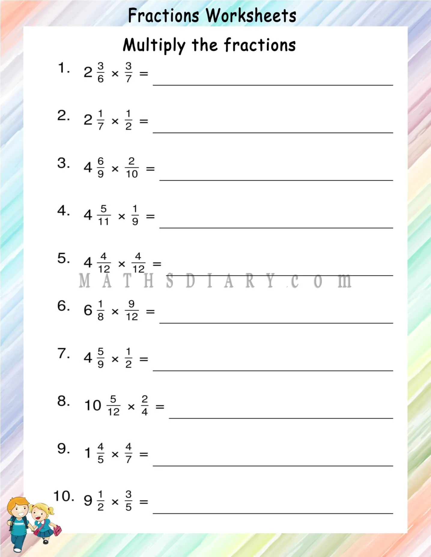 Fifth grade math worksheet focused on multiplying mixed numbers with nineteen as the featured exercise number
