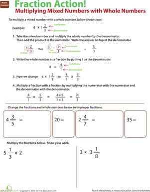 Fifth grade math worksheet for practicing multiplication of mixed numbers and whole numbers