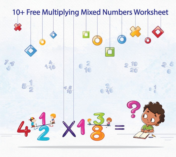 Fifth grade math worksheet featuring step-by-step problems for multiplying mixed numbers by mixed numbers