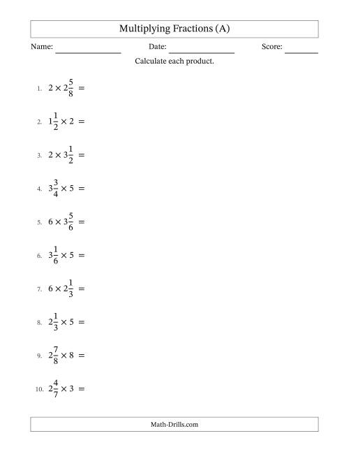 Fifth grade math worksheet focused on multiplying mixed numbers by whole numbers