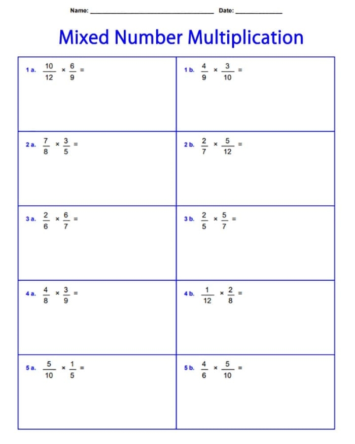 Fifth grade math worksheet showing problems for multiplying mixed numbers together with step-by-step solutions