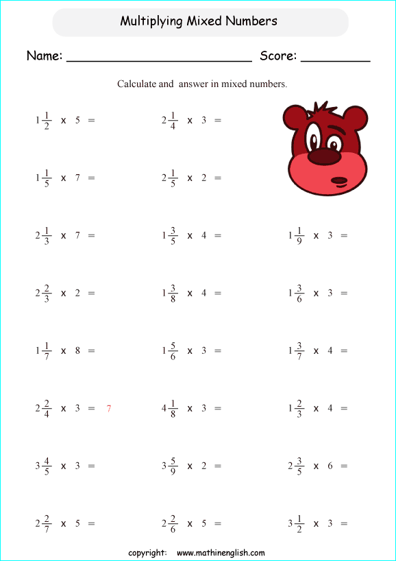 Fifth grade math worksheet showing problems for multiplying mixed numbers by whole numbers with visual examples and practice exercises