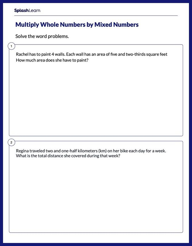 Fifth grade math worksheet featuring practice problems for multiplying mixed numbers by whole numbers