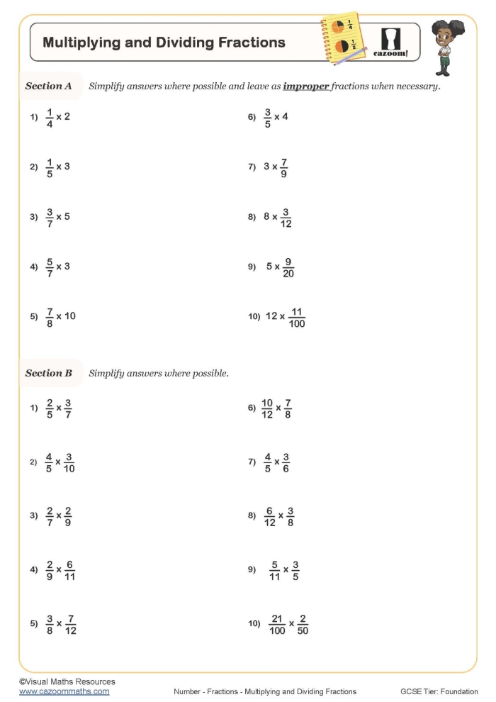 Fifth grade math worksheet showing problems for multiplying mixed numbers by proper fractions with visual examples and answer spaces