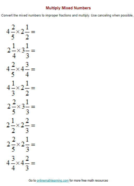 Fifth grade math worksheet showing problems for multiplying mixed numbers together with step-by-step examples