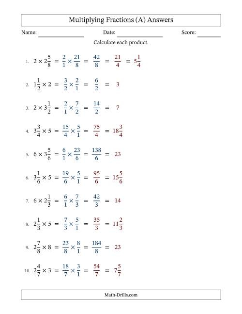 Fifth grade math worksheet featuring practice problems for multiplying mixed numbers by whole numbers