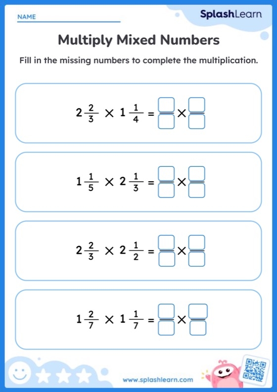 Fifth grade math worksheet showing problems for multiplying mixed numbers by proper fractions with visual examples