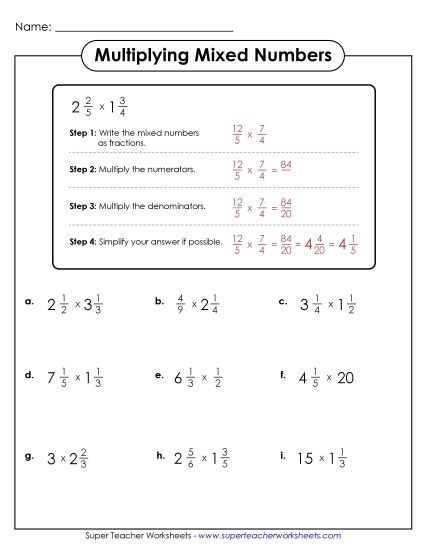 Fifth grade math worksheet showing practice problems for multiplying mixed numbers by whole numbers with step-by-step examples