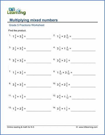 Fifth grade math worksheet showing practice problems for multiplying mixed numbers together with step-by-step solutions