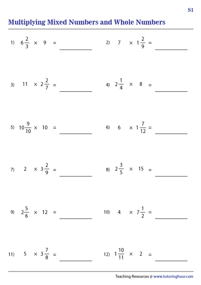 Fifth grade math worksheet featuring step-by-step problems for multiplying mixed numbers by mixed numbers