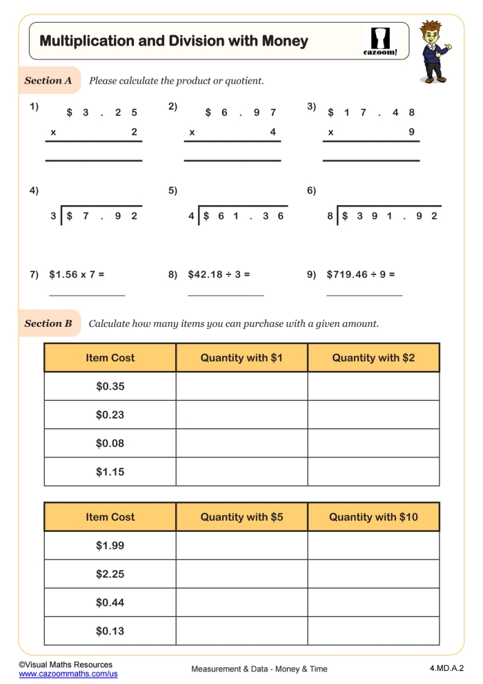 Fifth grade math worksheet featuring zoo-themed word problems about multiplying money