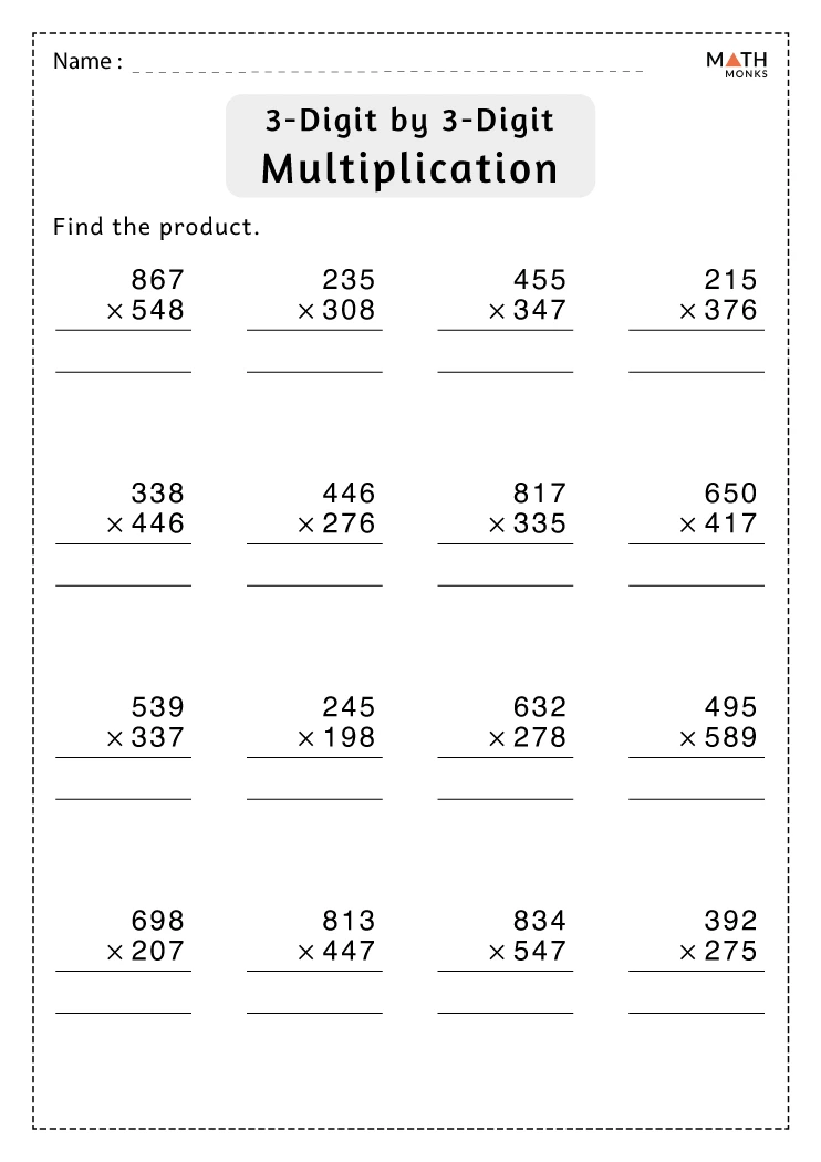 Fifth grade math worksheet featuring a series of multi-digit multiplication problems for practice