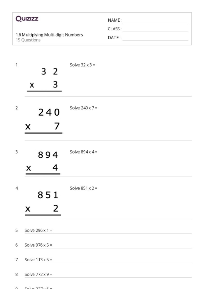 Worksheet for practicing the multiplication of multi-digit numbers, suitable for fifth graders