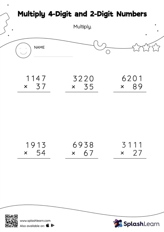 Worksheet featuring various equations for multiplying multi-digit numbers suitable for fifth graders